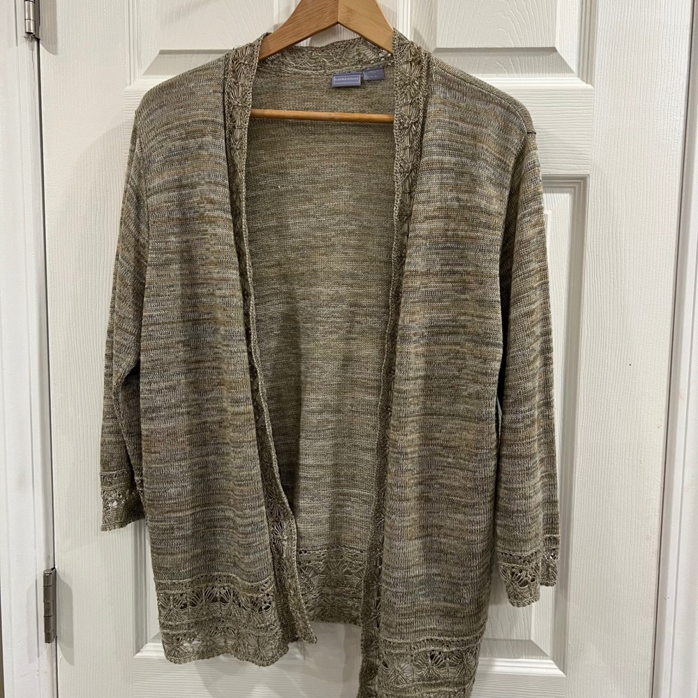 Laura Scott Women XL Open Front Cardigan Space Dye Crochet Trim Knit Brown Tan